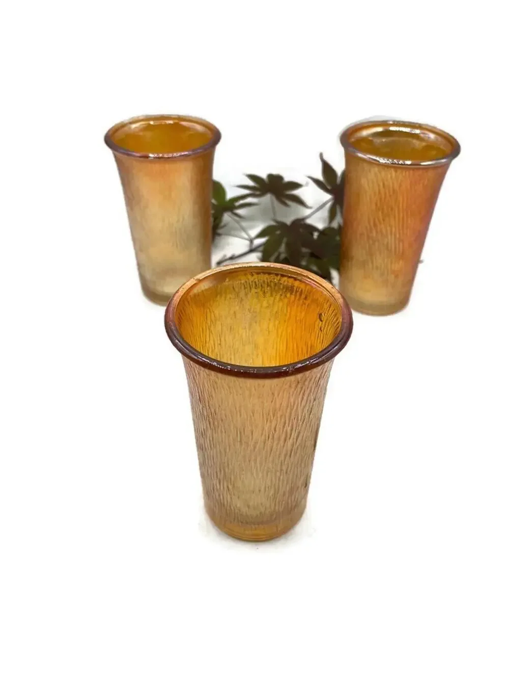 Vintage Jeannette Glass Tumblers: Carnival Marigold Iridescent Tree Bark Pattern